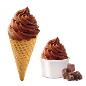 chocolate swirl ice cream in cone and tub