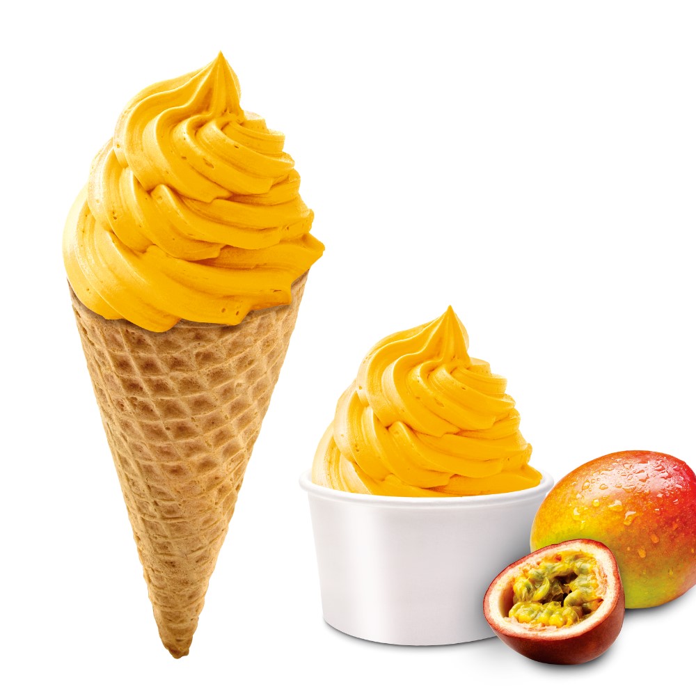 mango and passion fruit swirl ice cream in cone and tub