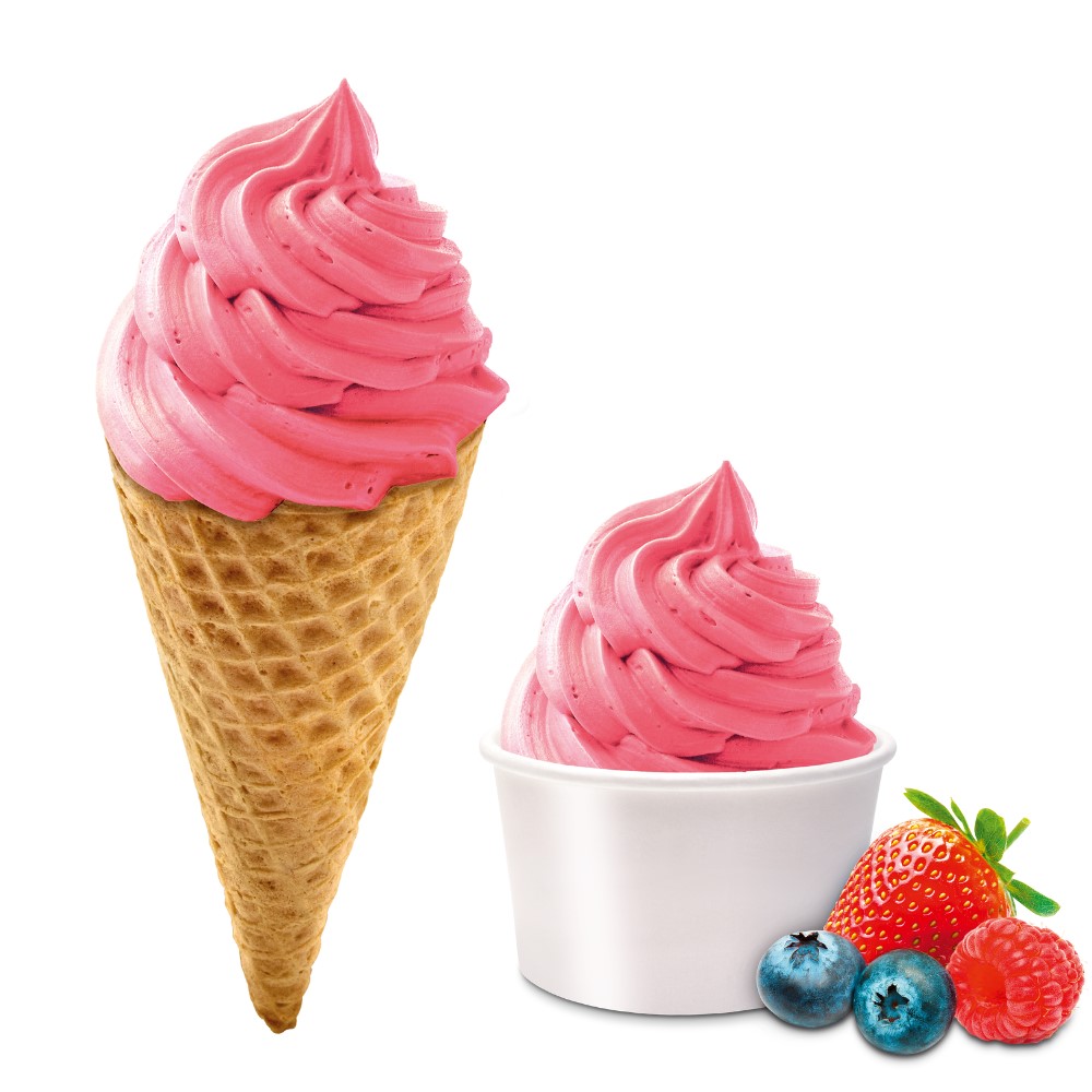 mixed berry swirl ice cream in cone and pot