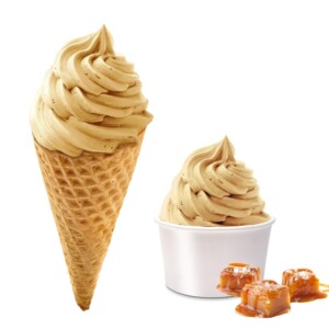 salted caramel swirl ice cream in cone and tub