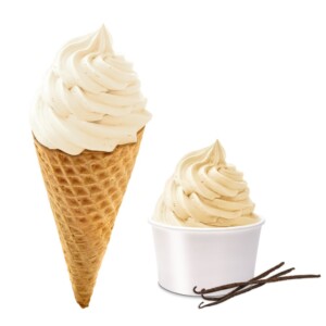 vanilla swirl ice cream in cone and tub