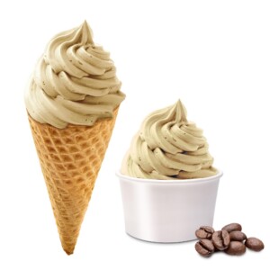Cappuccino swirl ice cream in cone and tub