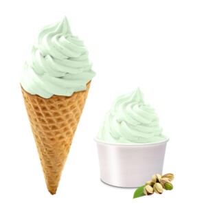 pistachio swirl ice cream in cone and tub