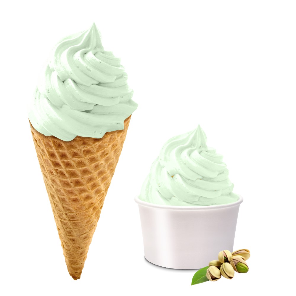 pistachio swirl ice cream in cone and tub
