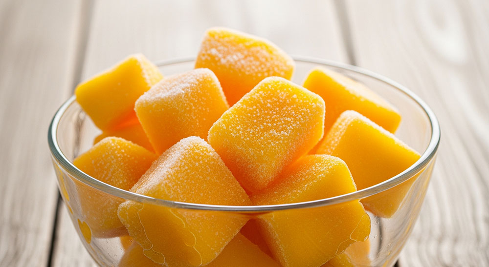 Frozen mangoes in a glass bowl on a table